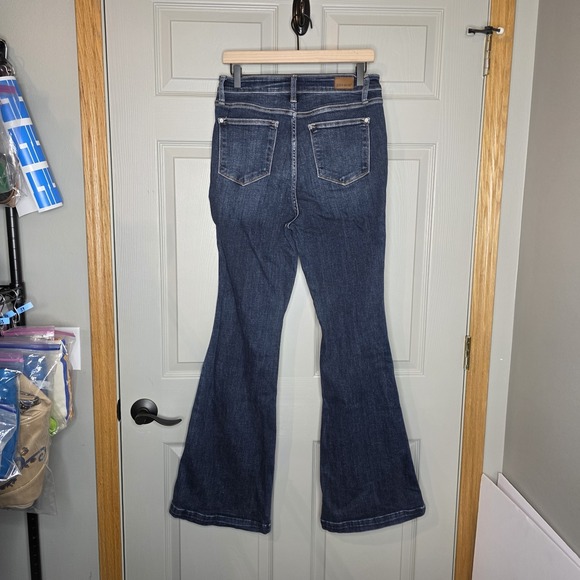 Judy Blue high-waisted dark wash flare jeans angled side seam Sz 9/29T 33 Inseam - Picture 4 of 6
